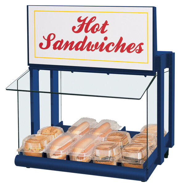 A navy blue Hatco countertop warmer holding hot sandwiches in plastic containers.