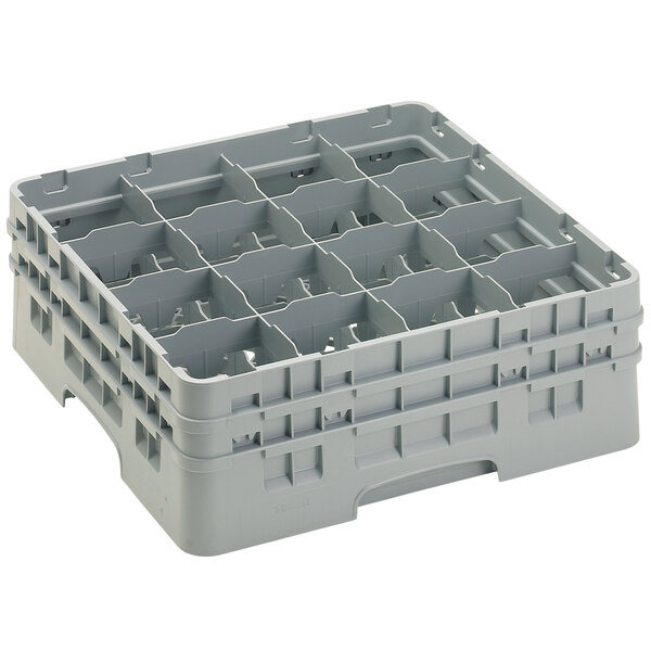 A gray plastic Cambro glass rack with 16 compartments.