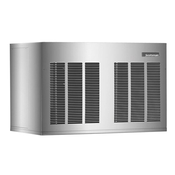 A close-up of a Scotsman stainless steel air cooled ice machine with a vent.