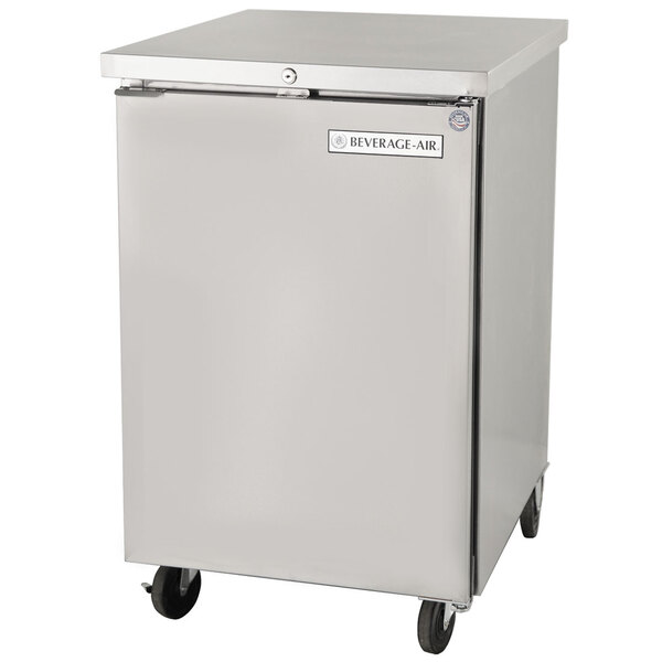 A silver Beverage-Air back bar refrigerator on wheels.