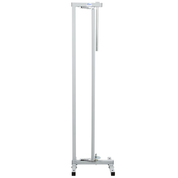 A white metal stand with a long pole.