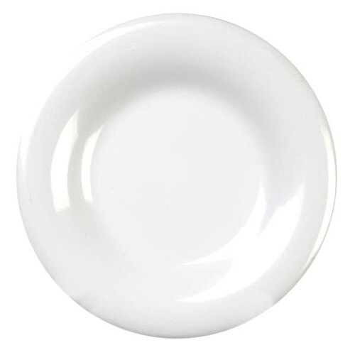 A close-up of a white Thunder Group wide rim melamine plate.