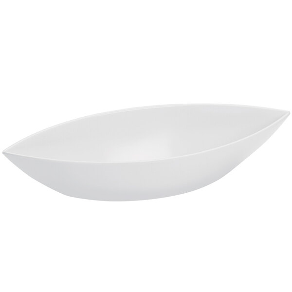 A white melamine canoe bowl with a curved edge.