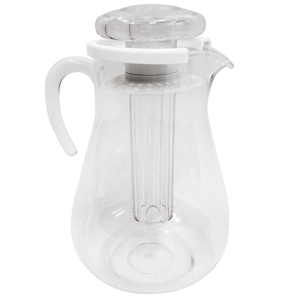 A clear Cal-Mil acrylic pitcher with a white lid and handle.