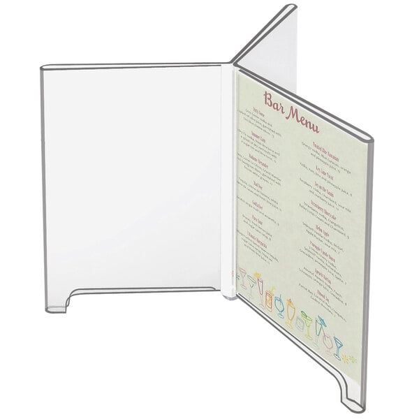 A clear menu card holder with a clear cover on it.
