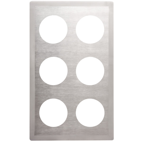 A stainless steel plate with six circular holes.