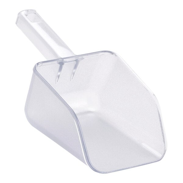 A clear plastic Cal-Mil Classic polycarbonate scoop with a handle.