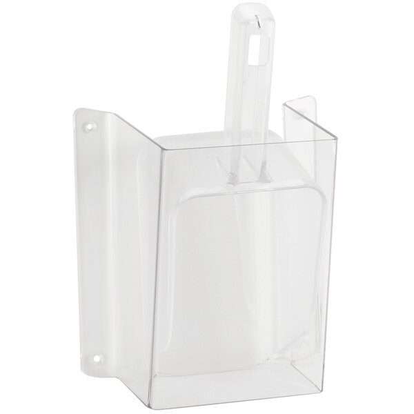 A clear plastic wall mount scoop guard with a handle.