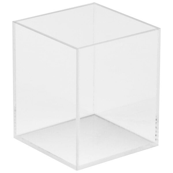 A clear plastic box with a clear surface containing a clear acrylic Cal-Mil accessory bowl.
