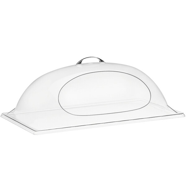 A clear plastic Cal-Mil dome cover with a single side opening and a handle.