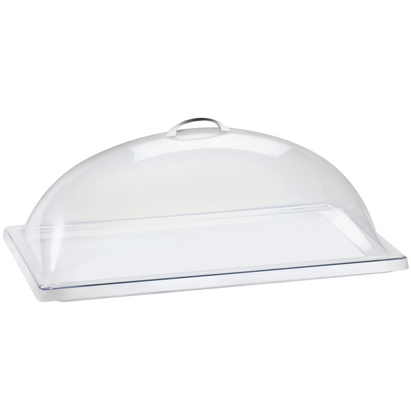 A clear plastic dome cover with a handle for a Cal-Mil glass tray.
