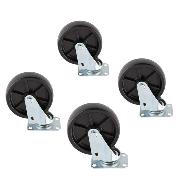 A set of 4 black steel casters for ice bins.