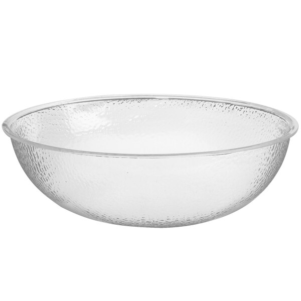 A clear acrylic bowl with a white rim.
