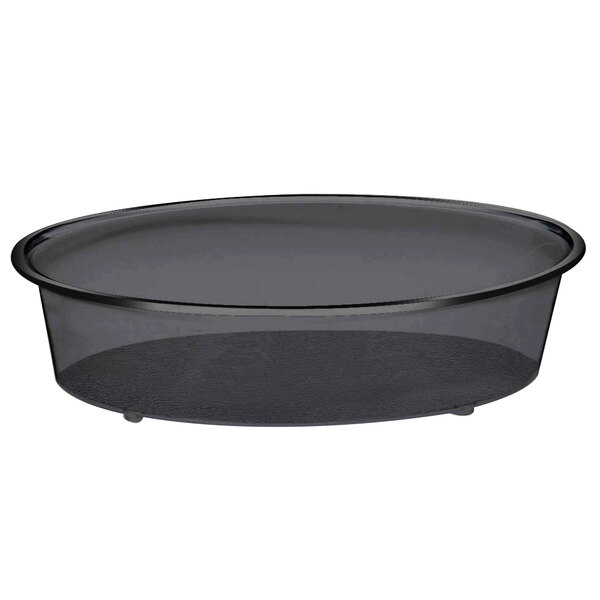 A black plastic tray with a round bottom and a lid.
