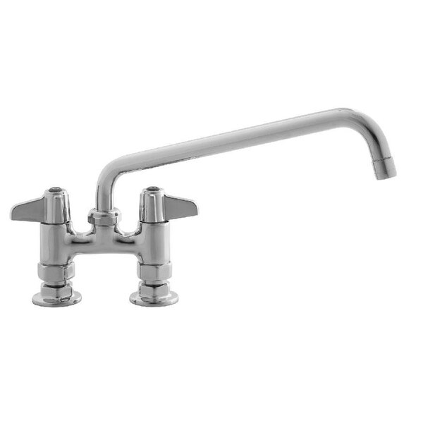 A chrome Equip by T&S deck mount swing faucet with two handles.