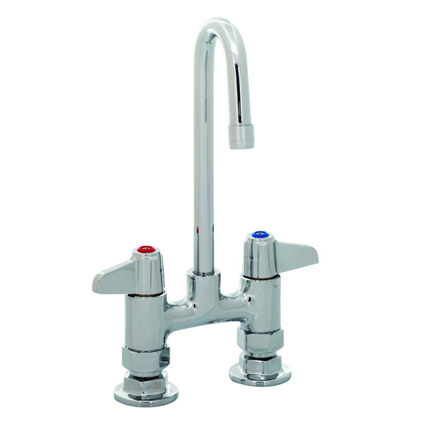 A chrome Equip by T&S deck-mounted faucet with 2 gooseneck spouts and lever handles.