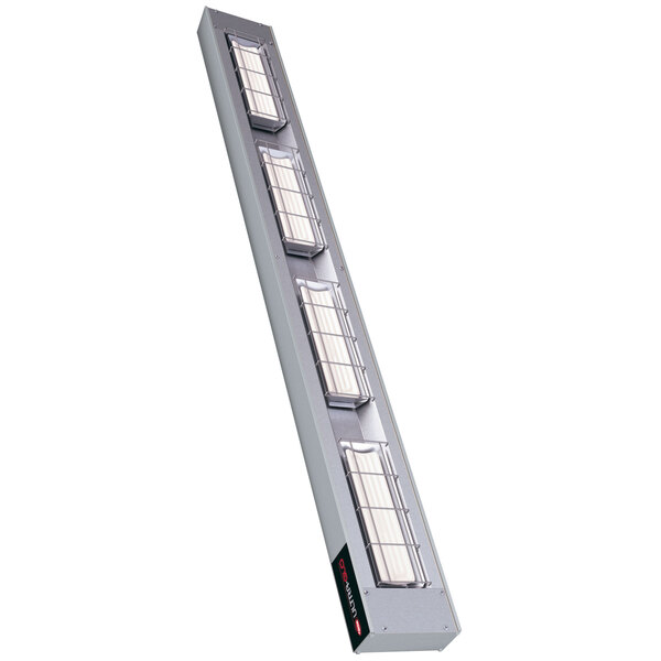 A long rectangular metal Hatco strip warmer with four rectangular lights.