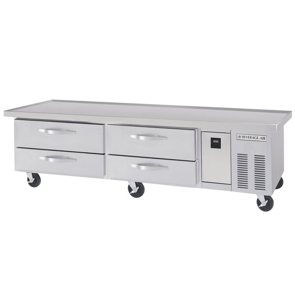A Beverage-Air stainless steel refrigerated chef base with drawers on wheels.