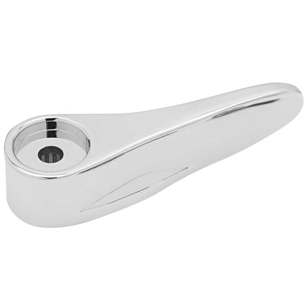 A chrome plated lever handle with a hole in the end.