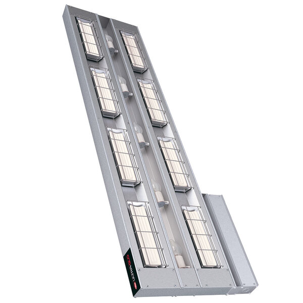 A long metal Hatco strip warmer with multiple rectangular lights.