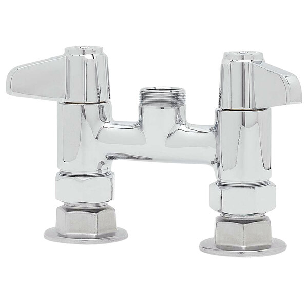 A white Equip by T&S deck mount faucet base with two chrome lever handles.