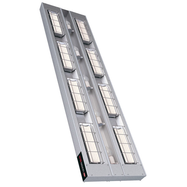 A long metal rectangular Hatco strip warmer with four lights.