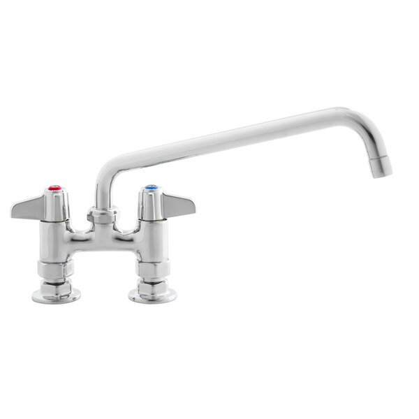A chrome Equip by T&S deck mount faucet with lever handles and a swing nozzle.