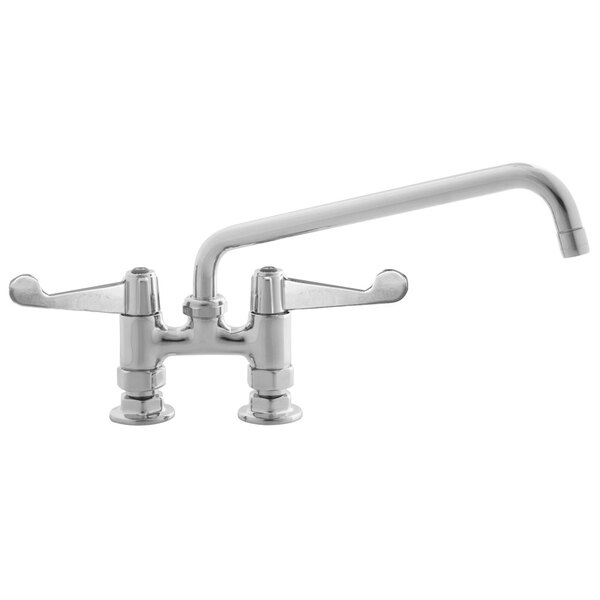 A chrome Equip by T&S deck-mount faucet with wrist action handles and a swing spout.