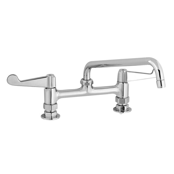A chrome Equip by T&S deck-mount faucet with two wrist action handles and a swing spout.