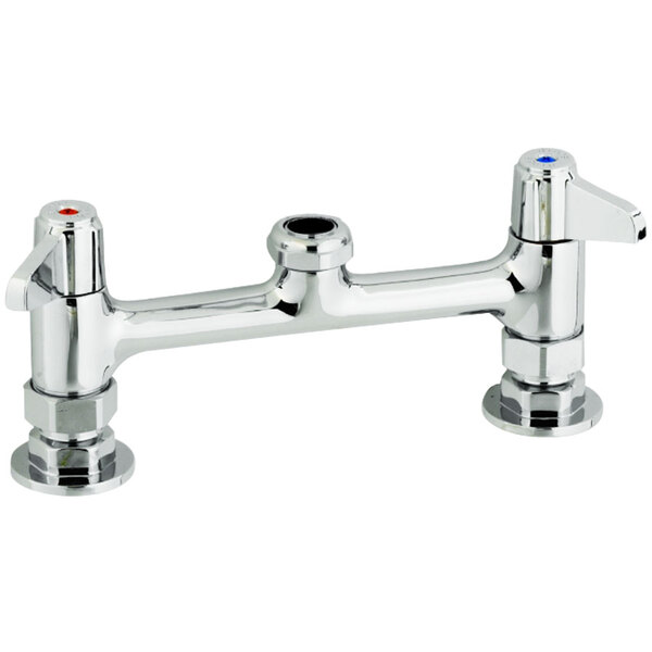 A chrome Equip by T&S deck mount faucet base with two lever handles.