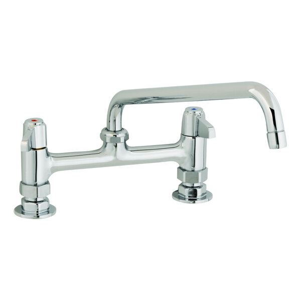 A chrome Equip by T&S deck-mount faucet with lever handles and a swing nozzle.