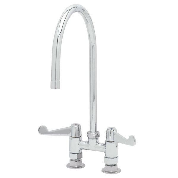 A chrome Equip by T&amp;S deck mount faucet with wrist action handles and a swing nozzle.