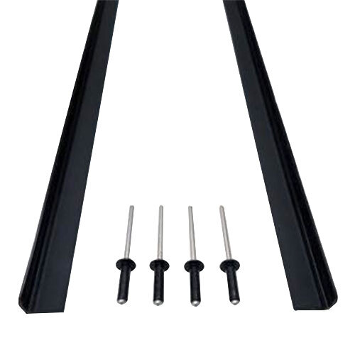 A set of black metal brackets with screws.