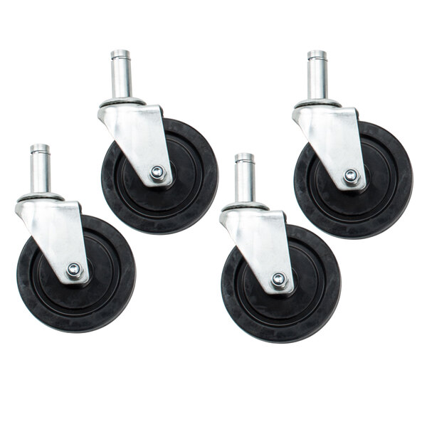 Four Advance Tabco rubber casters with black wheels.
