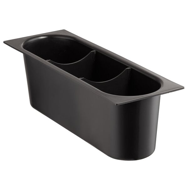 A black plastic container with two compartments.