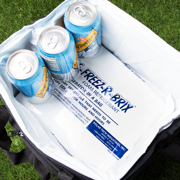 A cooler bag with Polar Tech Re-Freez-R-Brix packs inside holding cans and a bottle.