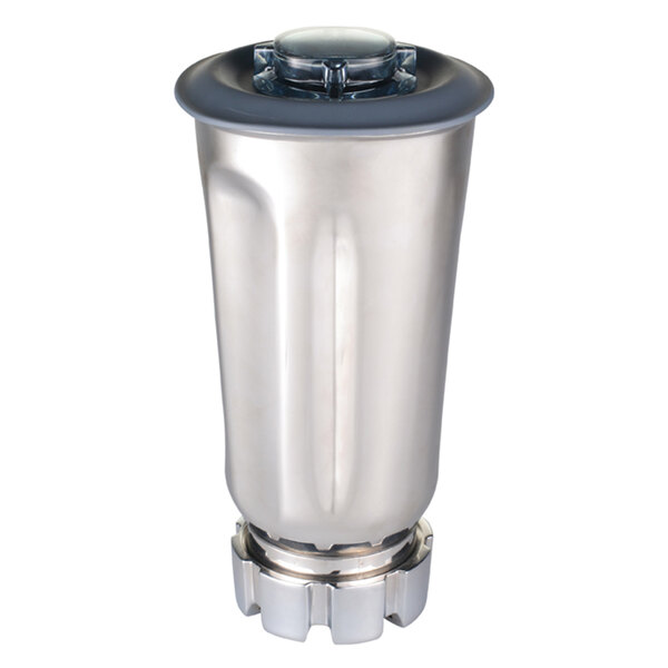 A Bar Maid stainless steel blender jar with a grey lid.