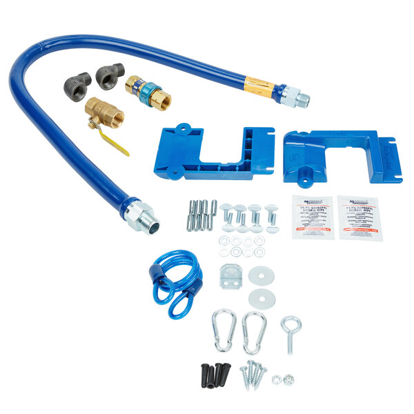 A blue Dormont gas connector kit with hoses and metal fittings.