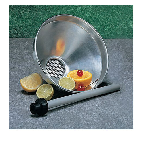 A close-up of an American Metalcraft stainless steel funnel with a built-in strainer over a metal bowl of lemons and limes.
