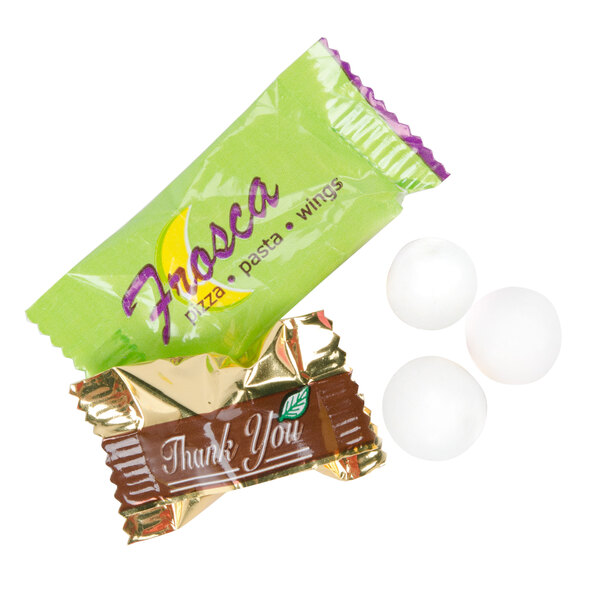 A white candy wrapper with three customizable chocolate pastel mints inside.