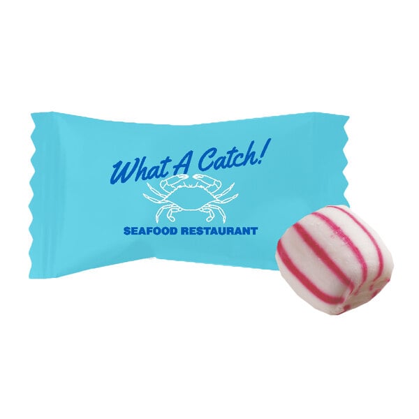 A customizable soft peppermint in a blue wrapper.