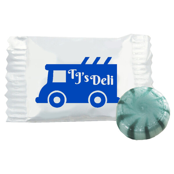 A customizable blue and white Spearmint Starlite candy with a truck on it.