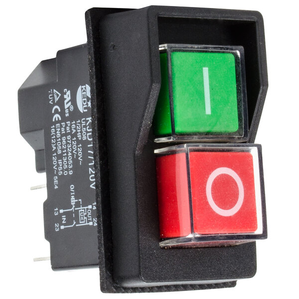 A close-up of an Avantco On/Off switch with black and green buttons and a white circle inside a red square.
