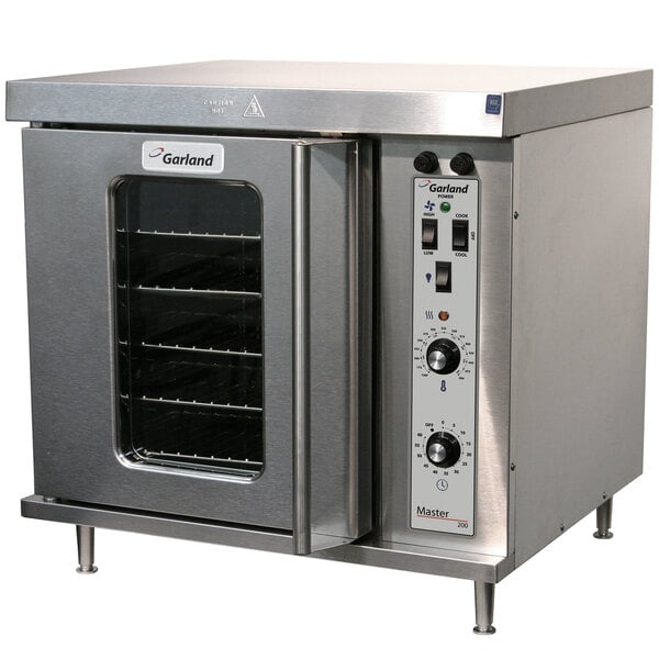 A large stainless steel Garland electric convection oven with one door.