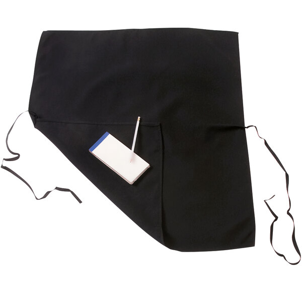 A black Chef Revival waist apron with a pen and pen holder on it.