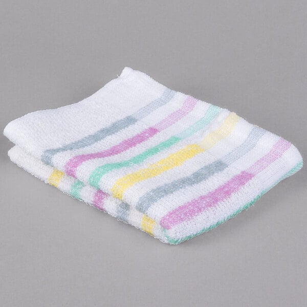 A stack of Chef Revival bar towels with multicolored stripes.