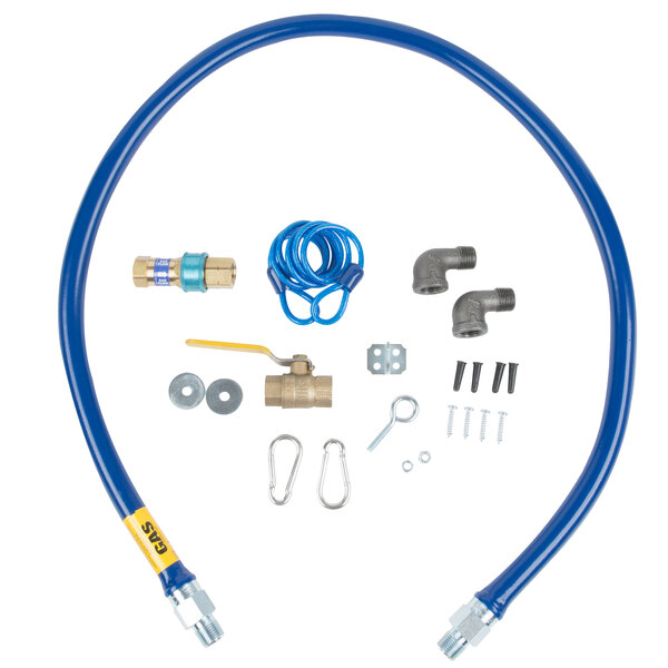 A blue Dormont gas connector hose kit with two elbows and a restraining cable.