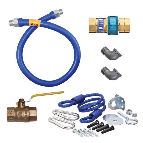 A blue flexible hose with fittings and a restraining cable.