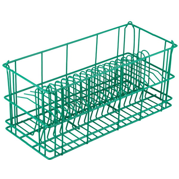 A green Microwire rack with 24 compartments for plates.