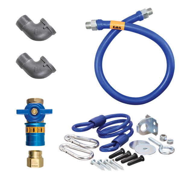 A blue Dormont gas connector hose kit with parts for a gas connector hose.